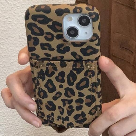 iPhone15 Fashion Card Holder Phone Case Cover Brown Animal Print - Picture 1 of 2